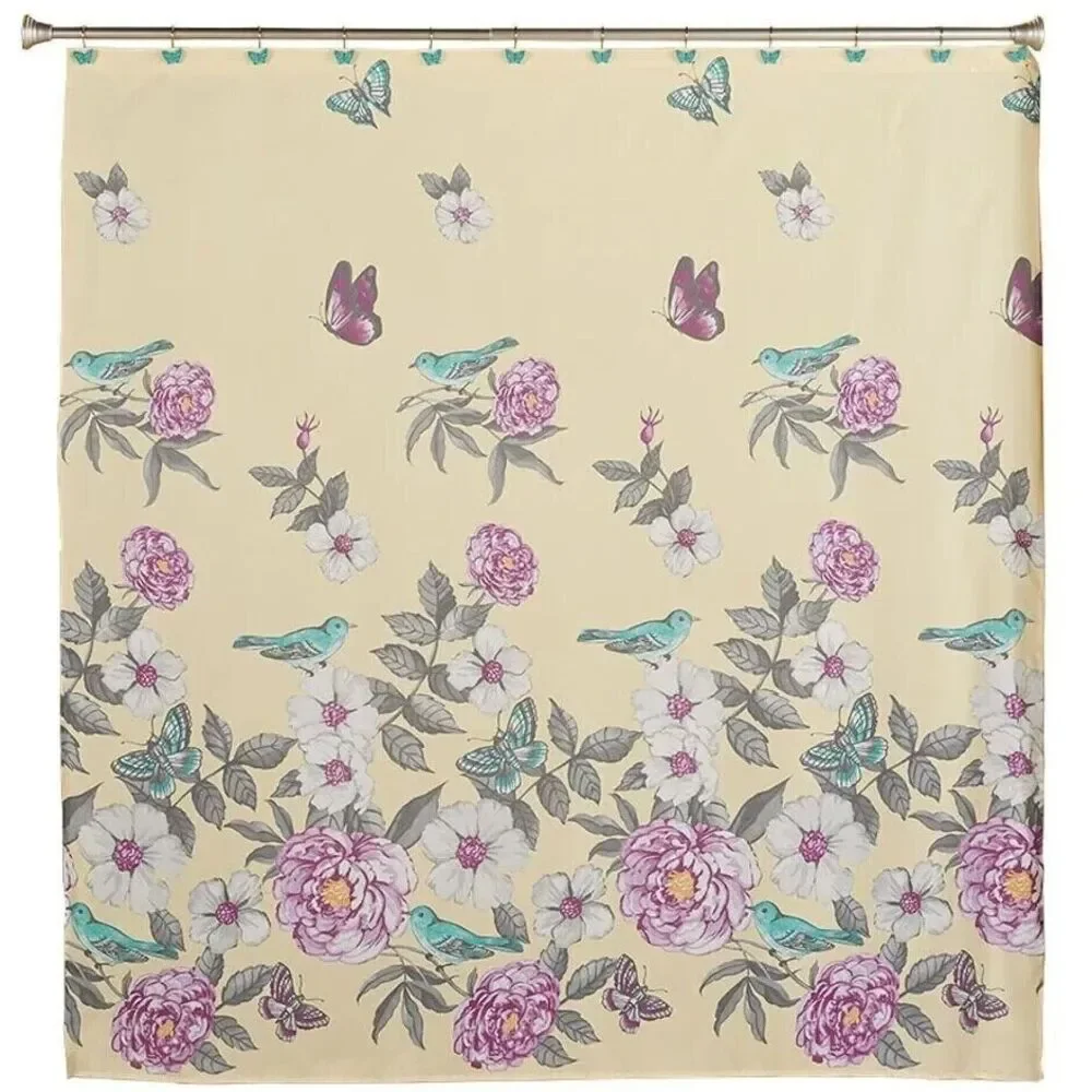 Valentina Butterfly Flowers Shower Curtain Blue Birds Pale Yellow Bath Gift NEW
